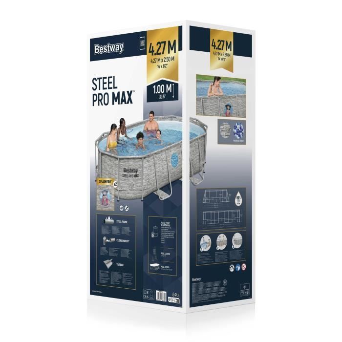 Kit Piscine hors sol tubulaire BESTWAY - Steel Pro MAX™- 427 x 250 x 100 cm - Ovale (Filtre à cartouche, échelle, bâche, 1 cartouche