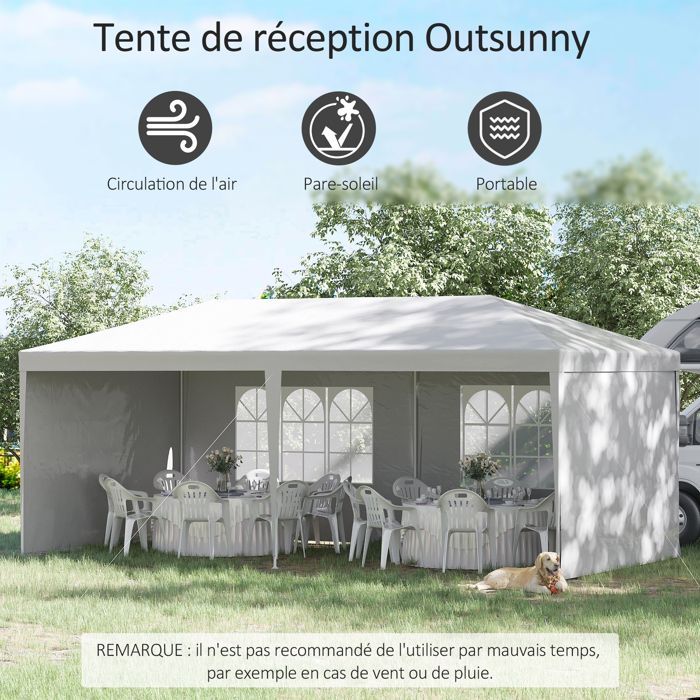 Tonnelle de jardin, tente de réception avec Fenêtres et parois latérales amovibles, pour fêtes et mariages, 6 x 3 m blanc