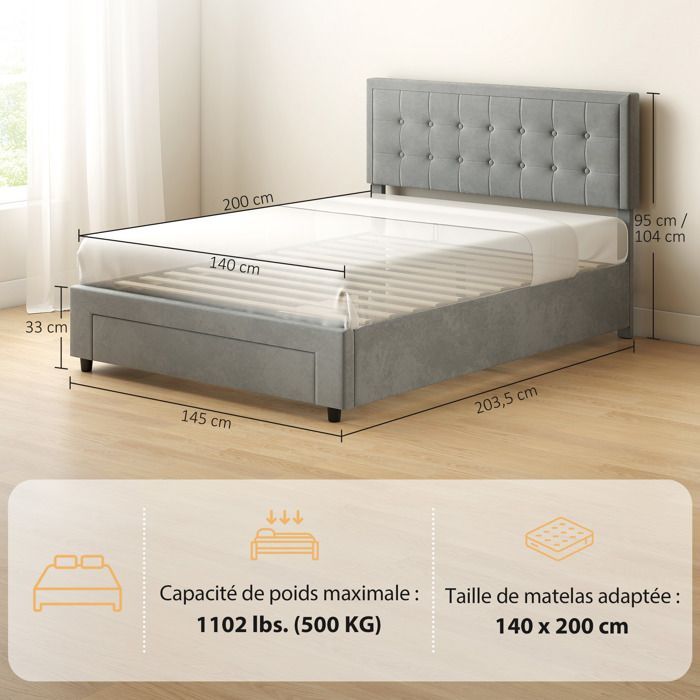 Estructura de cama doble - HOMCOM - base con almacenamiento y resortes de gas - cajón con ruedas - cabecero ajustable con tapizado efecto terciopelo - gris