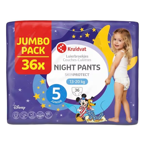 „Kruidvat Night Pants Junior“ sauskelnės, 5 vnt., didelė pakuotė, 36 vnt.