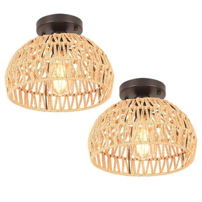 WOTTES Plafonnier Vintage Industrielle, E27 Lampe de Plafond Rétro, Ø25cm Abat-jour Cage Ronde en Métal Noir et Rotin, 2PCS
