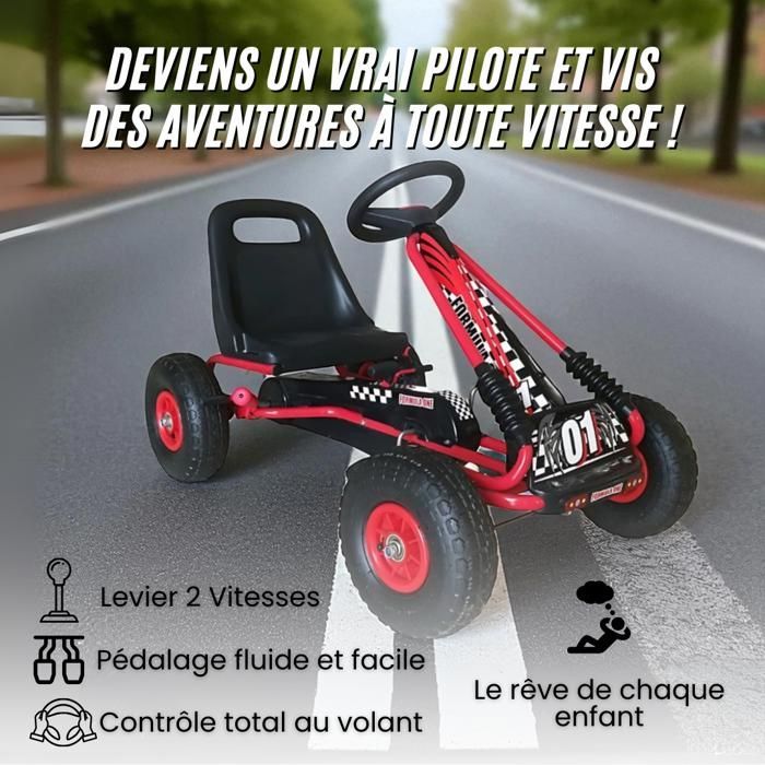 Go-Kart à Pédales - DEVESSPORT - Rouge - Siège Réglable - Frein à Main - Roues Gonflables