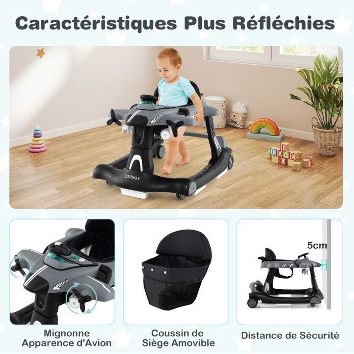 Andador plegable 6 en 1 para bebés COSTWAY - Diseño de avión - Altura ajustable - Caja de música con luces LED - Bandeja de alimentación - De 6 a 18 meses - Gris