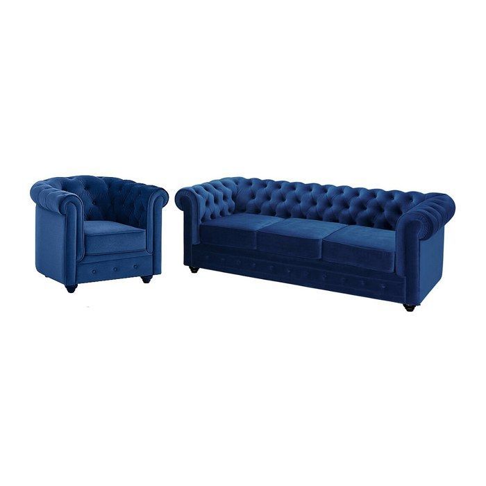 Canapé 3 places et fauteuil CHESTERFIELD - Velours bleu roi