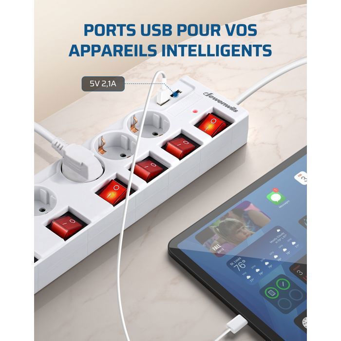 DEWENWILS 3680W strømskinne, 6 x 16A stikkontakter med 2 USB-porter, individuelle brytere, 2m hvit kabel