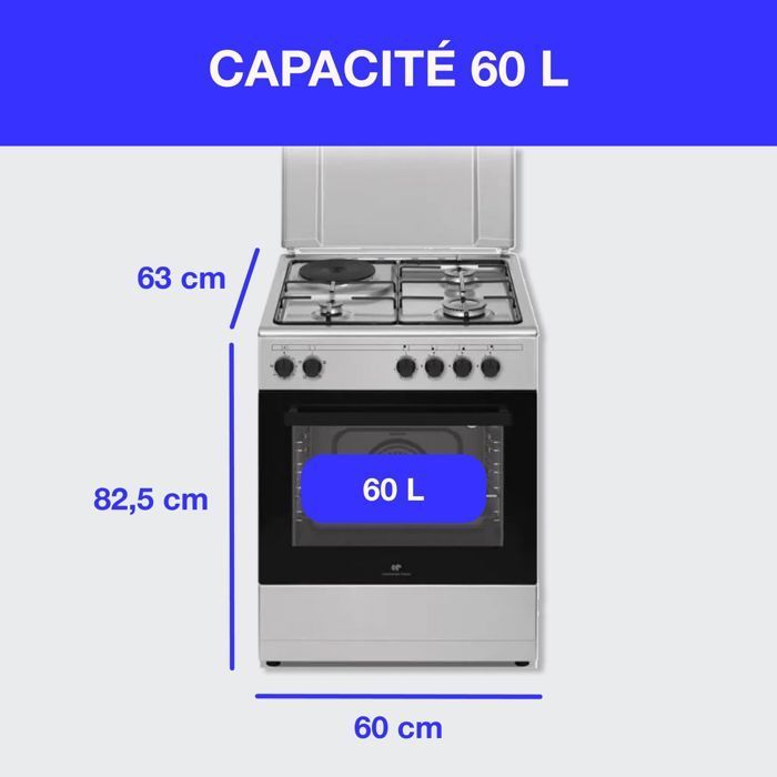 Cuisinière mixte CONTINENTAL EDISON CECM60FCS - 3 feux gaz + 1 électrique - L59,8 x P61 xH83 cm - Silver