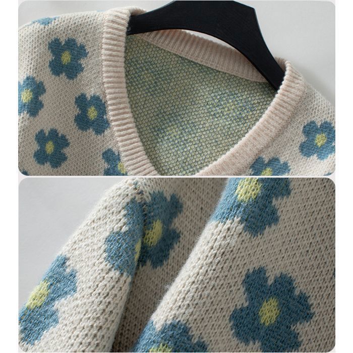 Jersey de mujer – Jacquard floral – Cuello en V – Manga larga – Otoño/Invierno – Talla europea – Azul