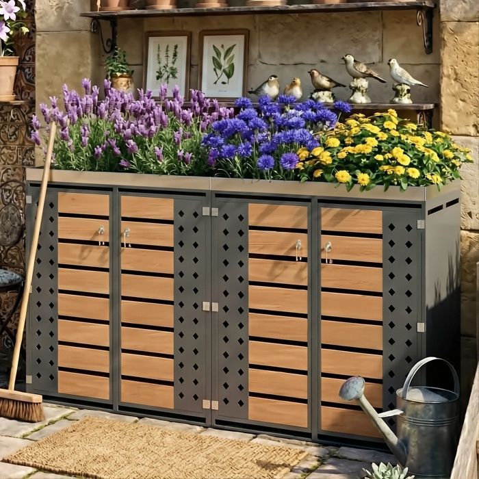 Tapa para contenedor cuádruple 132×80×124,5cm - Jardinera - Reciclable y con cerradura - Acero galvanizado y madera