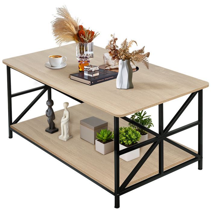 Mini table basse, table basse à double rangement, table de loisirs, 100*52*47,5 cm, marron clair + structure noire.