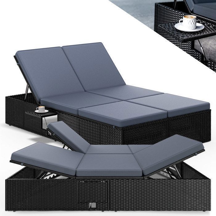 CASARIA Chaise longue double noir/anthracite extrémités réglables bain de soleil 2 places polyrotin chaise d’extérieur