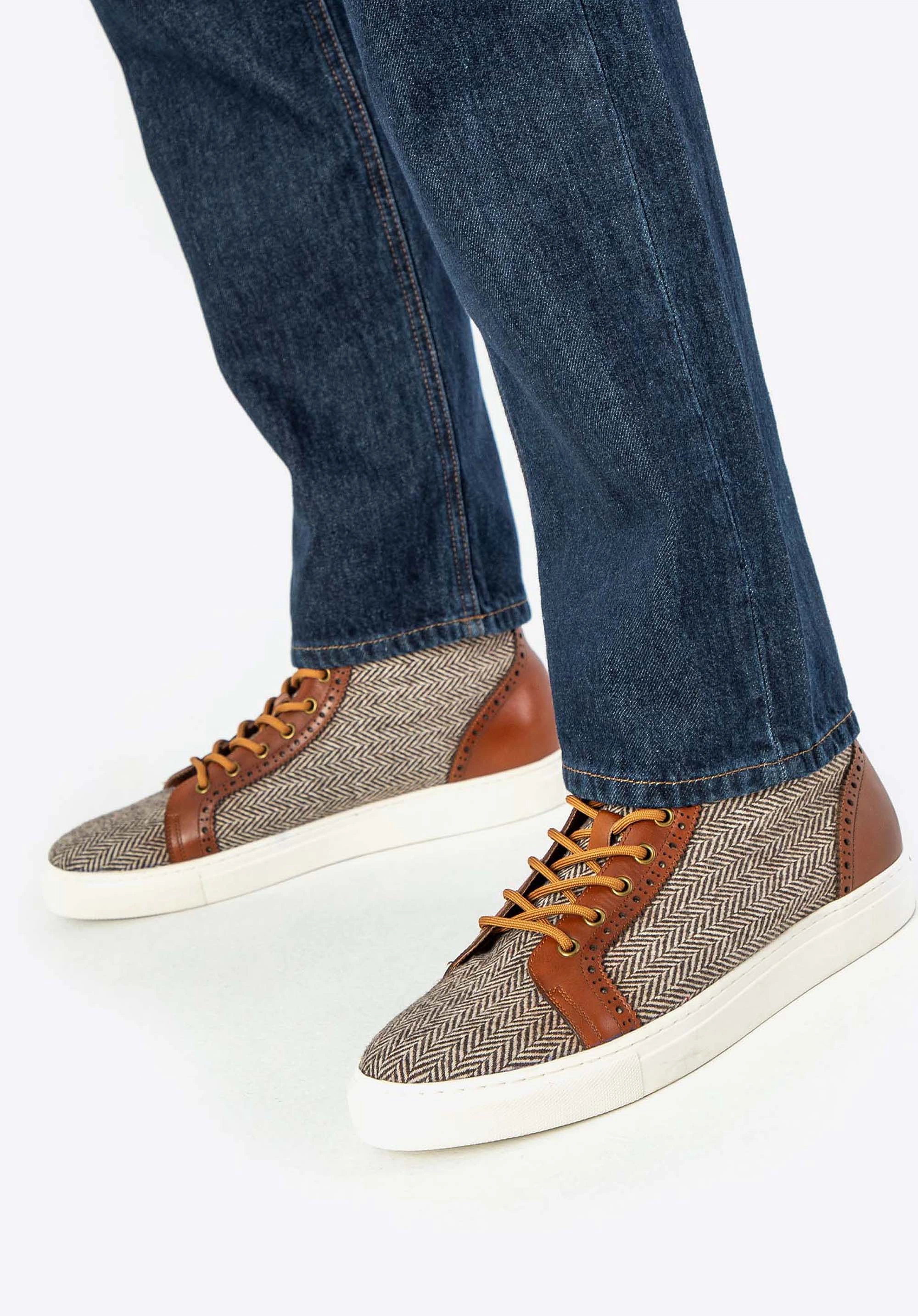 Męskie sneakersy skórzane wysokie brązowe