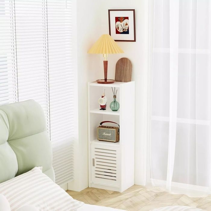 Bathroom Column Storage Cabinet with 2 Open Compartments, 3 Shelves, 1 Door, Multifunctional Cabinet, 25x22x80cm, White