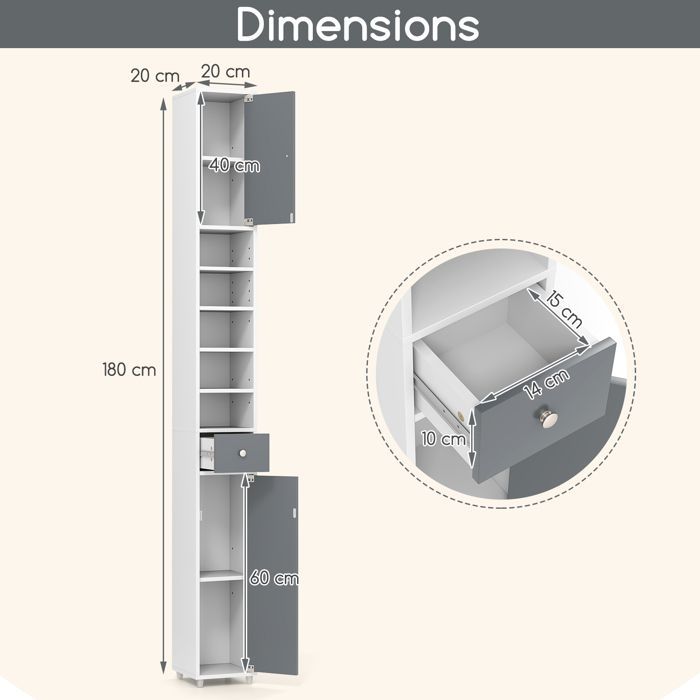 COSTWAY Badkamerkast met 2 deurtjes, 1 lade en 5 verstelbare planken, 20 x 20 x 180 cm, Grijs+Wit