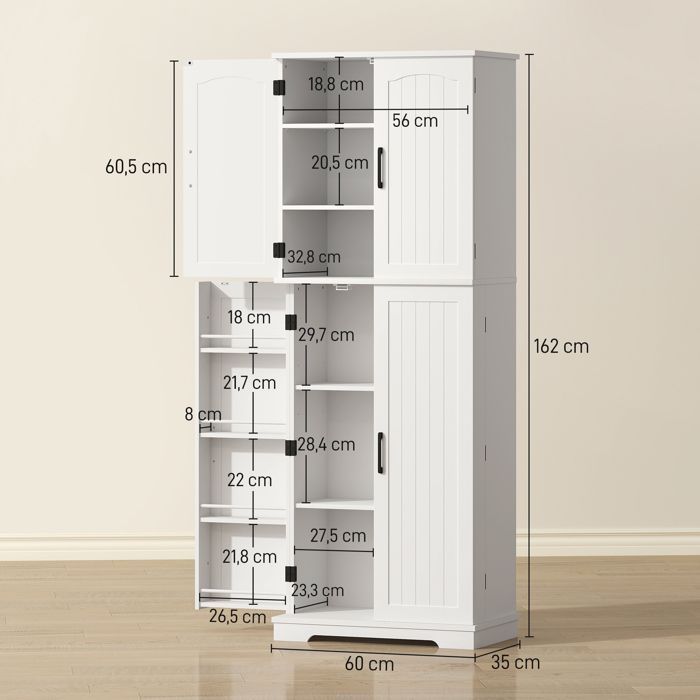 Aparador alto de cocina - HOMCOM - 4 puertas, 10 compartimentos, 8 especieros y estantes ajustables - MDF - 60x35x162cm - blanco