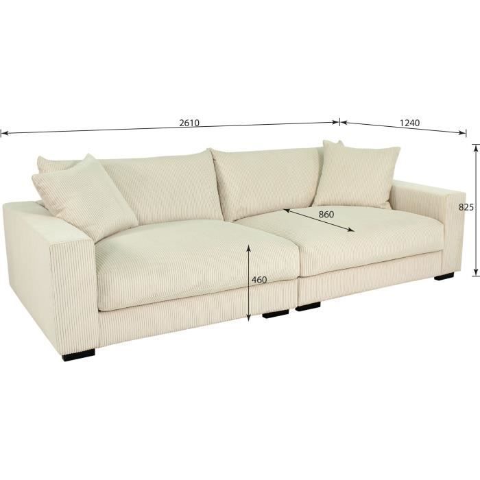 Canapé droit fixe - 4 places - PEDRO - Velours côtelé Beige - 261 x 124 x 82.5 cm