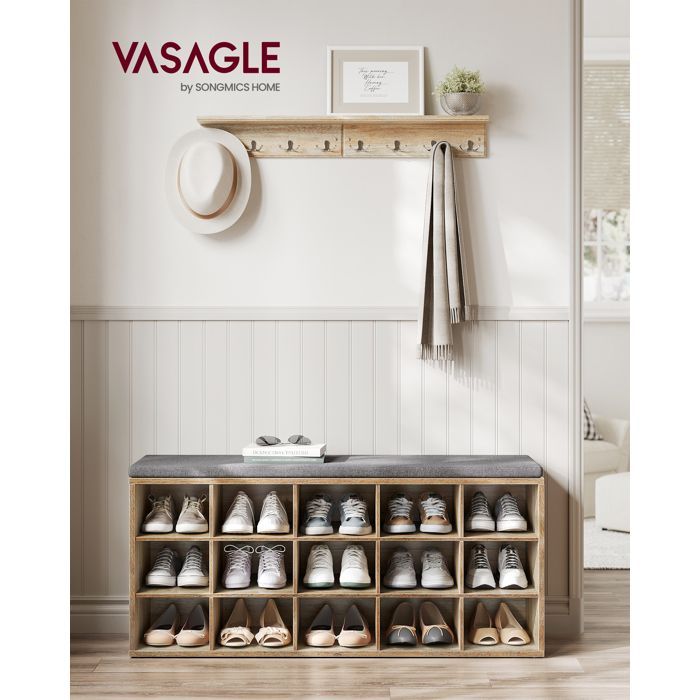 VASAGLE Banc à Chaussures, Organiseur de Chaussures avec 15 Compartiments, Siège Rembourré, Marron Turquoise et Gris Tourterelle