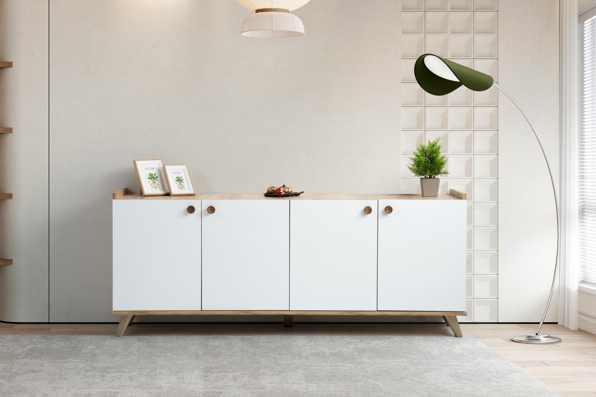 Aparador escandinavo - SUMER - 4 puertas - 180 x 78 x 41 cm - Roble / Blanco
