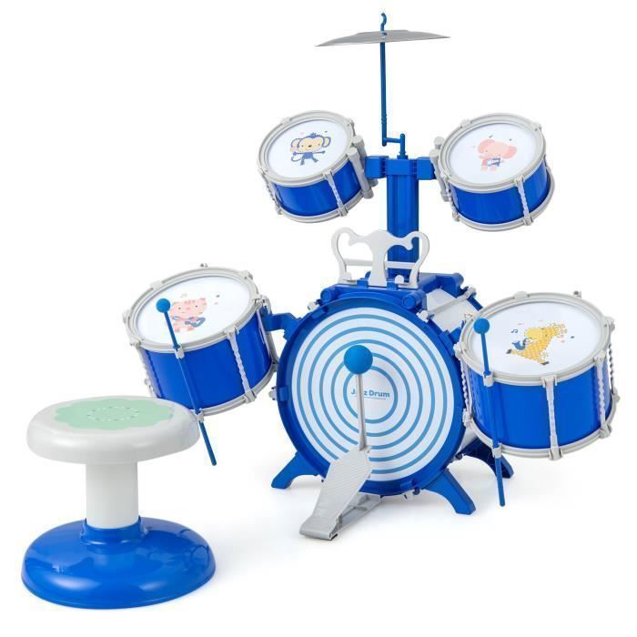 COSTWAY Children's Jazz Drum Set with Stool - 5 Detachable Drums, Cymbal, Drumsticks, Pedal - Educational Instrument Toy for 3 Year Olds