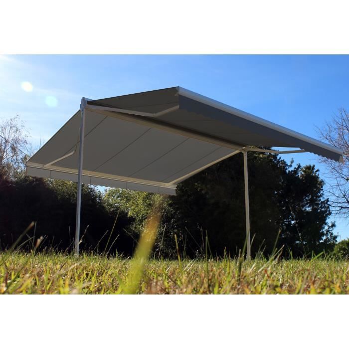Toldo manual de doble pendiente de 6x2x3 m - Tela gris y estructura de satén blanco - GARDEN OMBRAZUR