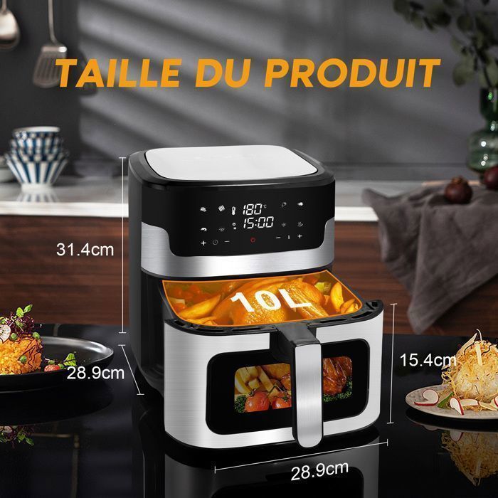 Freidora de aire de 10 litros y 1900 W - 8 programas - Pantalla LED táctil - Ventana de visualización - Temporizador con termostato