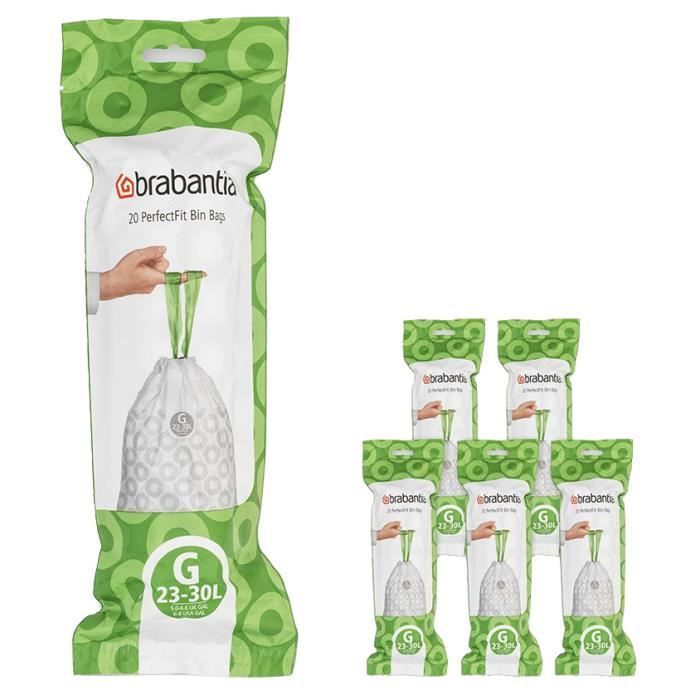 BRABANTIA 6 rollos de 20 bolsas de basura PerfectFit, Código G, 23-30L - Blanco