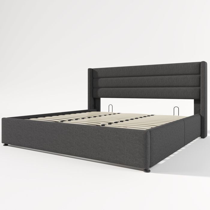 Lit Coffre Double Grand - MERAX - 180 x 200 cm - Tissu en lin gris - Lit Adult Rembourré 2 Places