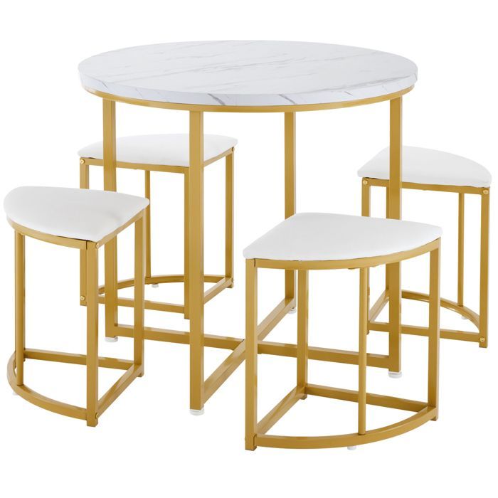 Juego de mesa de comedor blanca con 4 sillas de terciopelo - Tablero de MDF y estructura de hierro dorado, estilo moderno y lujoso.