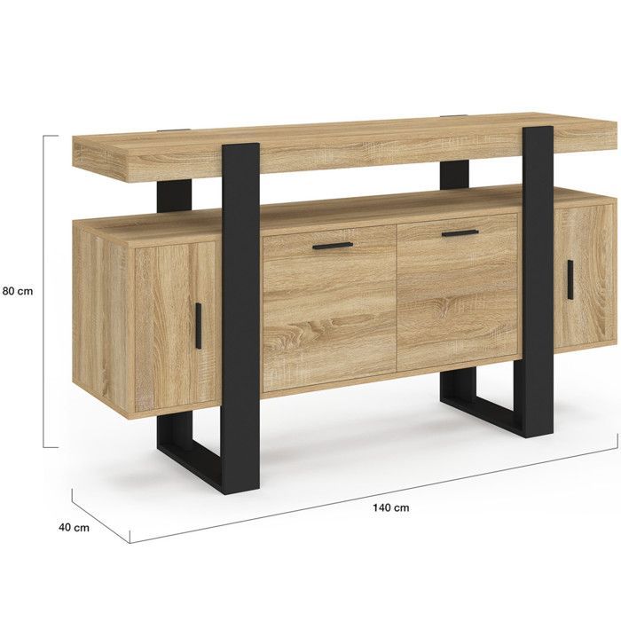 Aparador IDMARKET PHOENIX de 140 cm con 4 puertas, madera y negro.