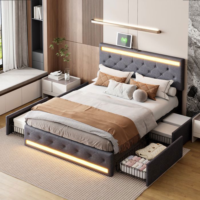 Bed van 180x200 cm met lattenbodem - Volwassenenbed - 4 lades - LED-verlichting - 2 USB-poorten en 1 Type-C-poort - Tweepersoonsbed met opbergruimte - Linnenstof - Grijs