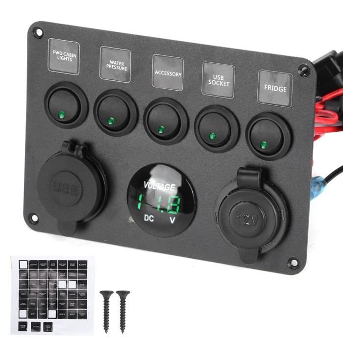 Panneau d'Interrupteurs à Bascule à 5 Gang LED avec Voltmètre Numérique Universel pour Bateau à Moteur moto commutateur Rouge Vert
