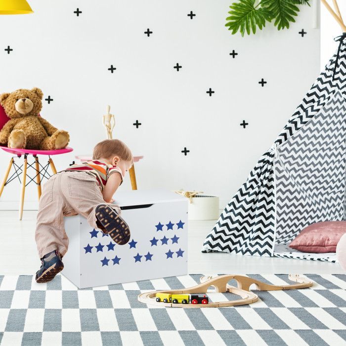 Relaxdays Coffre à jouets avec couvercle, rangement pour enfant, design étoilé, caisse à jeux, 40x60x30 cm, blanc/bleu