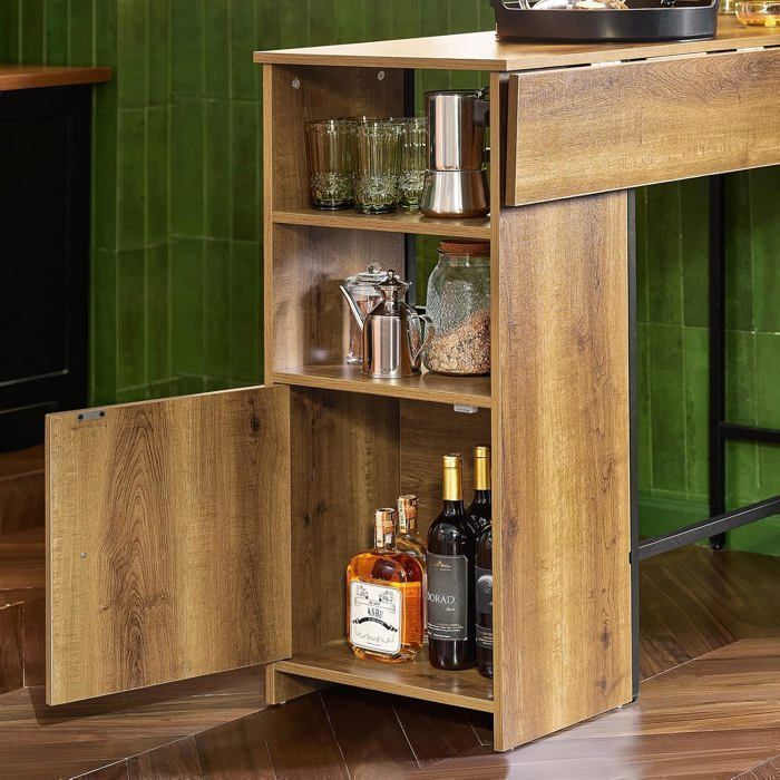 SoBuy Table Haute Cuisine avec Plateau Extensible Table Bar avec Étagères et Armoire Rangement Moderne Petits Espaces 120×45/63×95cm