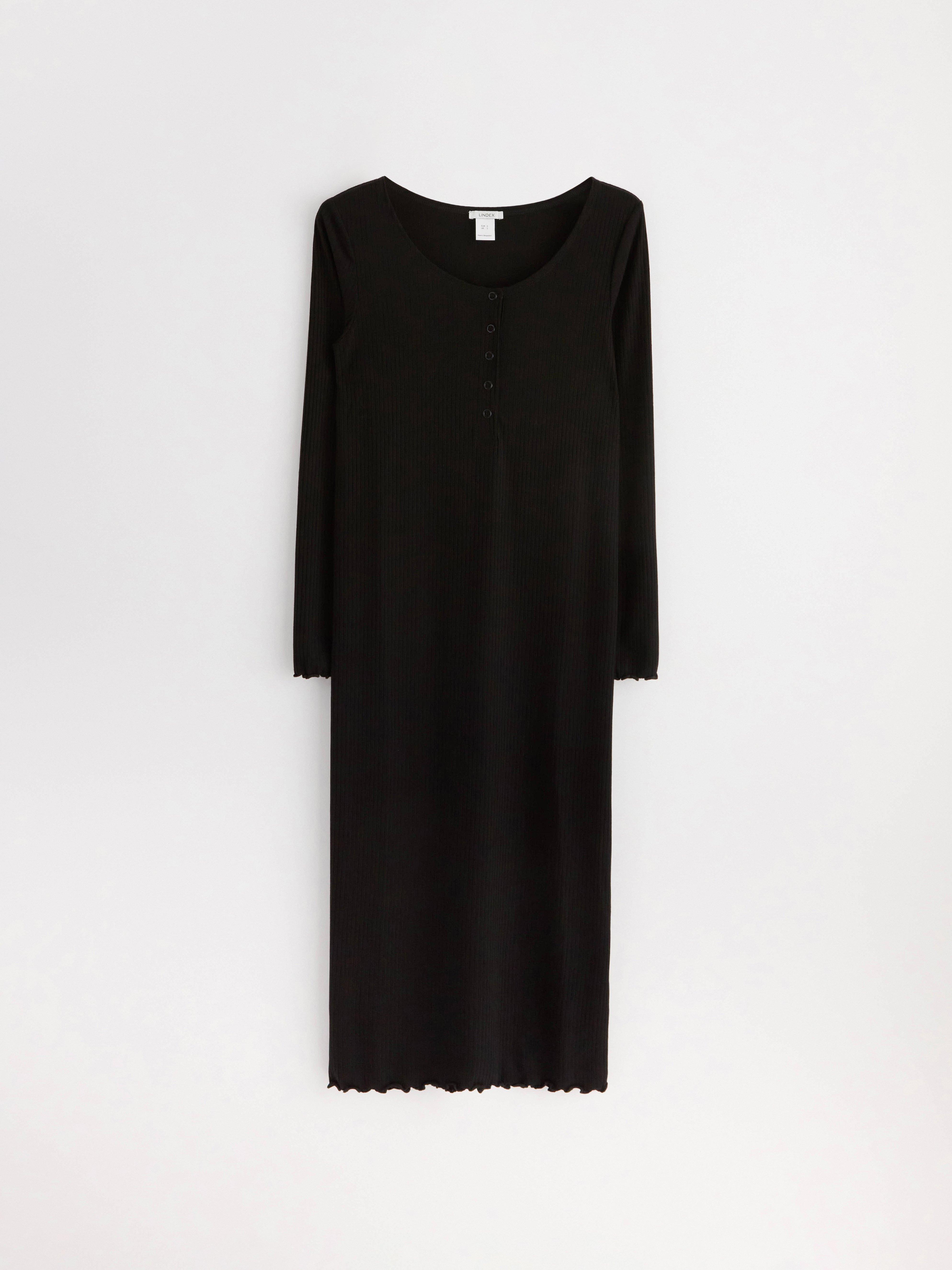 Vestido MOM canelado em malha com mangas compridas, preto.