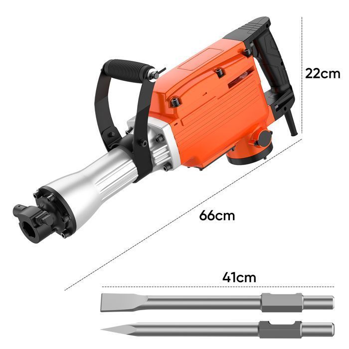 Martello demolitore da 2200 W e 65 J, 1900 giri/minuto, 2 teste a scalpello, impugnatura antivibrazione, per la demolizione del calcestruzzo e lavori di costruzione.