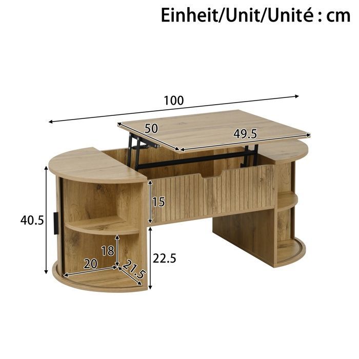 Mesa de centro oval com tampo elevável, 2 portas de correr e acabamento amadeirado (100 x 50 x 40,5 cm).