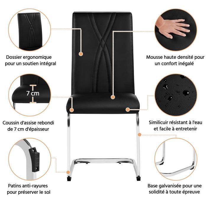 Lot de 2 Chaises Salle à Manger en Similicuir, Haut Dossier & Pieds Métalliques en U, Design Moderne-Cuisine/Appoint,Noir YAHEETECH