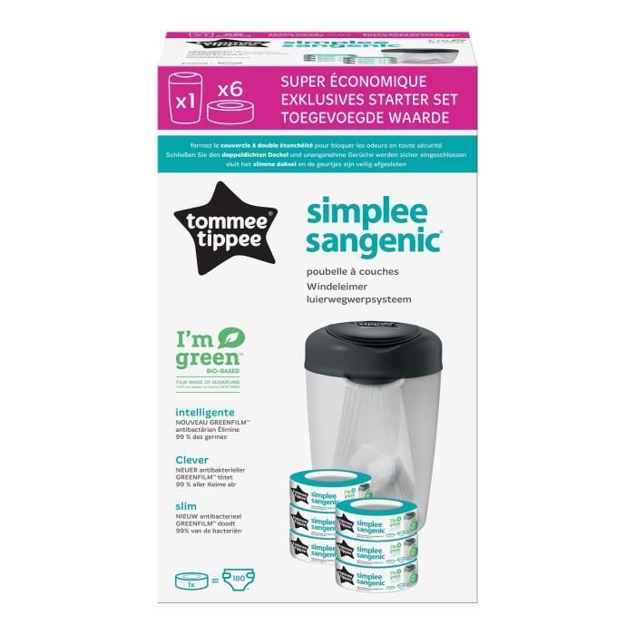 TOMMEE TIPPEE Starter Pack, Simplee Diaper Pail, Includes 6x Refills