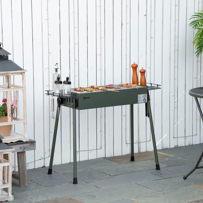 Barbacoa de carbón Outsunny - 2 parrillas con patas desmontables, 2 cestas - acero - 94x39x70cm - verde oscuro