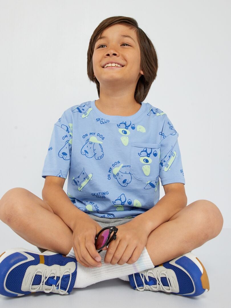 Bedrukt T-shirt met borstzak - BLAUW