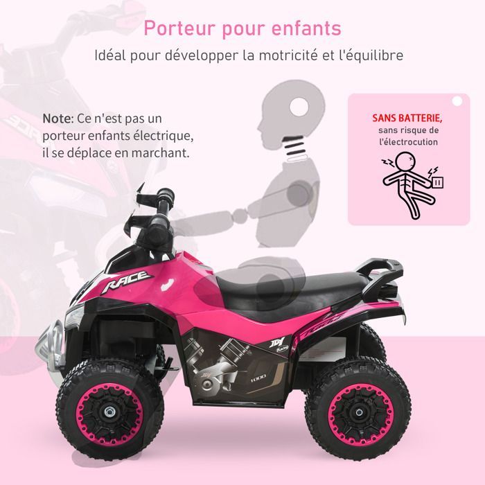 Porteur enfants quad 12-36 mois dim. 67L x 38l x 44H cm effets lumineux et sonores rose noir