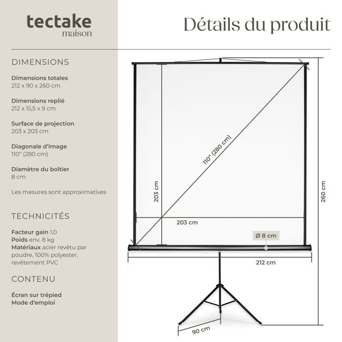 Pantalla de proyección - TECTAKE - Pantalla de proyección extensible de poliéster con trípode 203 x 203 cm - Blanca