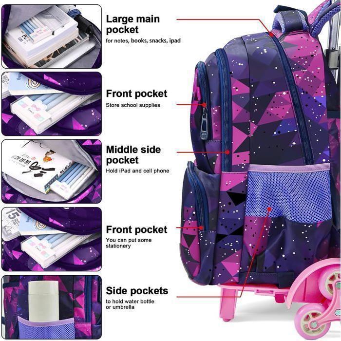 Estuche y mochila escolar con ruedas - Estuche y mochila escolar con ruedas para niñas, escuela primaria, para niños de 6 a 16 años - Ligero y práctico