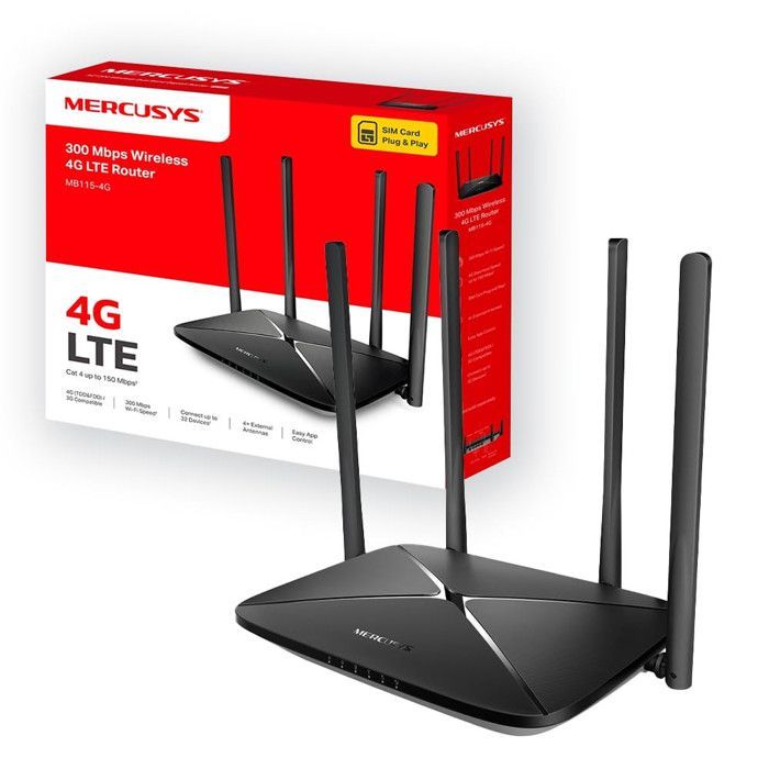 Mercusys MB115 Router WiFi 4G LTE con SIM, 4 Antenne, 300Mbps, 32 Dispositivi