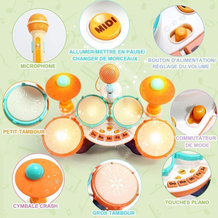 Instrumento musical para bebés, batería de juguete para bebés, tambor de juguete para niños - 3 modos - Apto para niños y niñas de 1 año en adelante