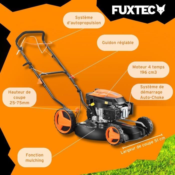 De Fuxtec zelfrijdende benzine-mulchmaaier met een cilinderinhoud van 196 cc en een maaibreedte van 51 cm geeft uw gazon een nieuw leven.