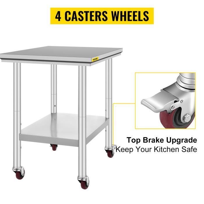 Mesa de trabajo de cocina con ruedas - VEVOR - 76x61CM en acero inoxidable - Capacidad de carga 130 kg