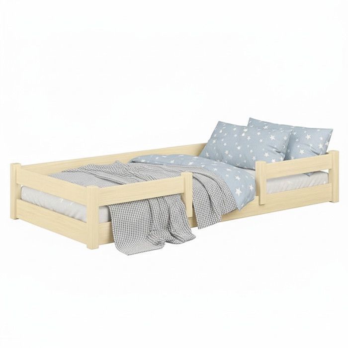 Cama infantil LILA de 160x80 cm – Madera natural, barandillas de seguridad, estructura baja.