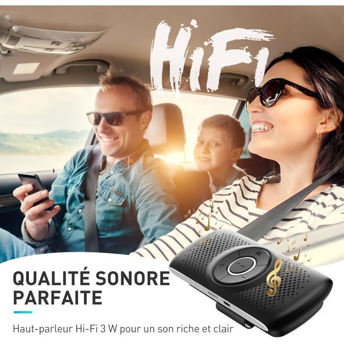 Kit Mains Libres pour Voiture Bluetooth 5.0 Haut-Parleur Micro Intégré avec Clip Support du GPS