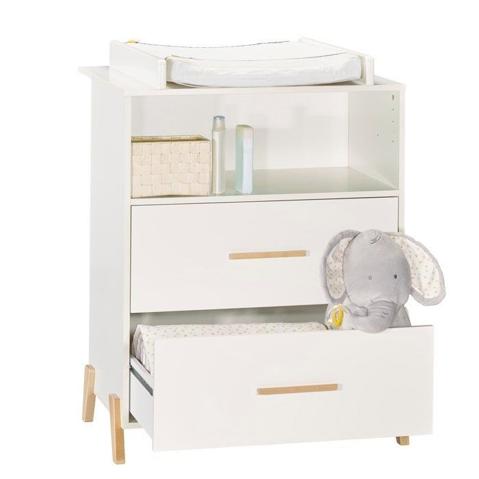 Babyprice Joy Natural Commode - 2 Laden - 1 Nis - Wit - Op Natuurhouten Poten