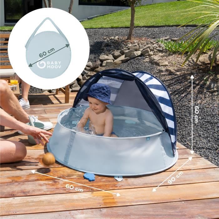 Area giochi 3 in 1 BABYMOOV Aquani a tema marinaio, con piscina e lettino extra, protezione UV SPF 50+, 2 giocattoli e zanzariera inclusi.